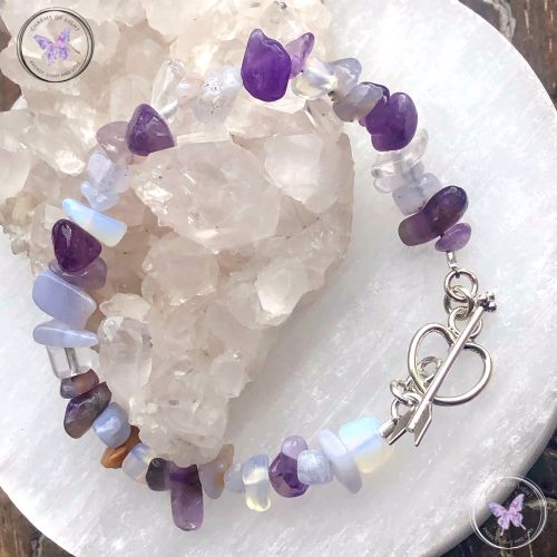 Blue Lace Agate, Amethyst & Opalite Crystal Bracelet with Silver Heart Toggle